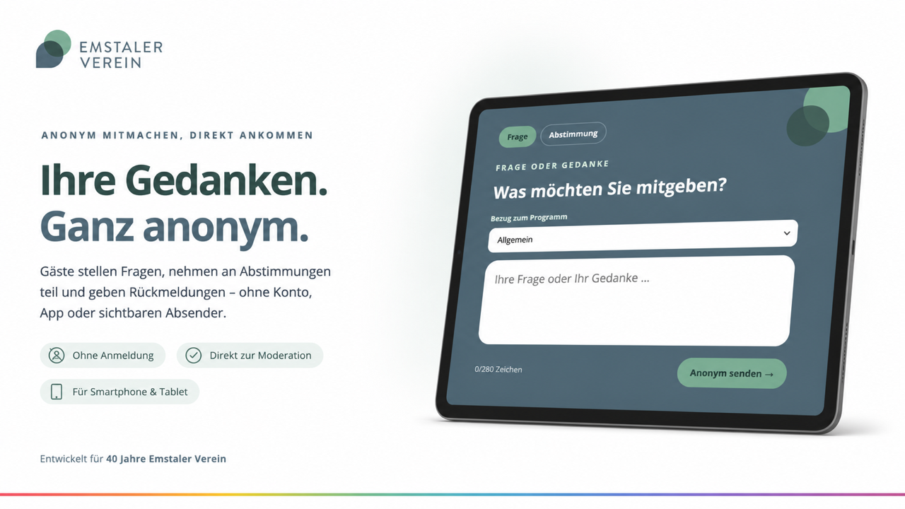 Ringsystemiks Live Gästeansicht für anonyme Fragen und Abstimmungen beim Jubiläum des Emstaler Vereins